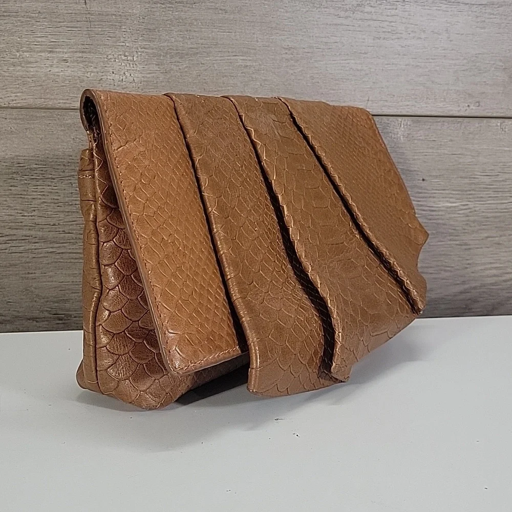 Henri Bendel Tan Snake Skin Embossed Leather Clutch Bag
